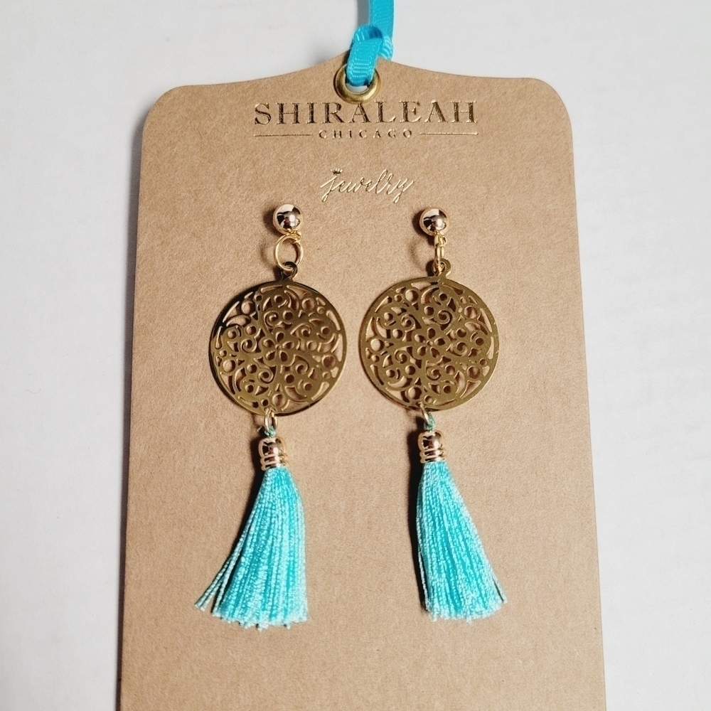 Shiraleah Chicago Women's turquoise and gold Bali tassel earrings